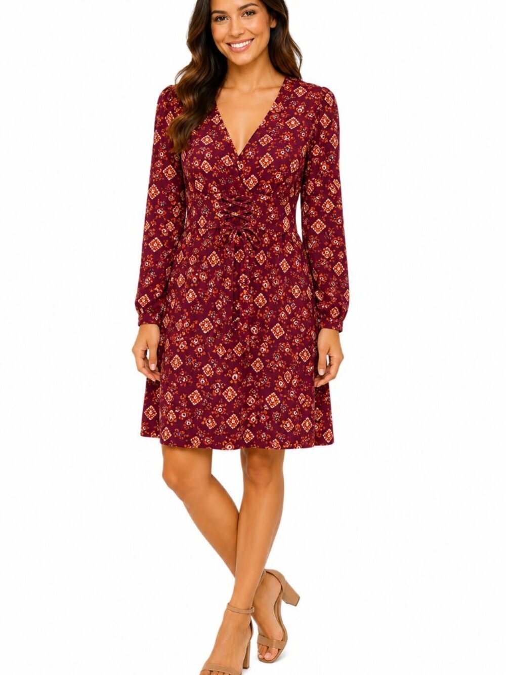 Bebop Burgundy Boho Lace-Up Long Sleeve Mini Dress XL